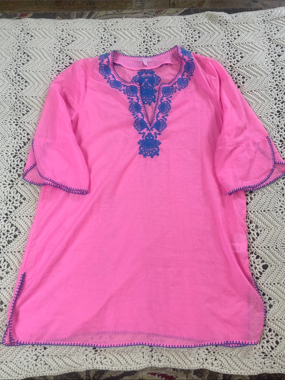 Lilly Pulitzer Pink Swim Coverup with Blue Embroidery